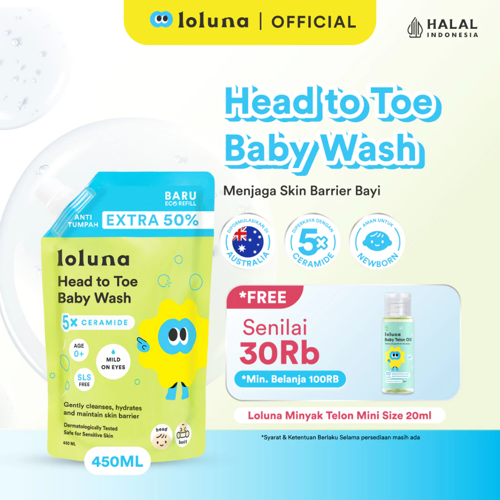 LOLUNA Head to Toe Wash 450ml Refill - Sabun Sampo Mandi Perawatan Kulit Bayi dan Anak / Sabun untuk Newborn/ 5x Ceramide/ SLES FREE/ Tidak Pedih di Mata