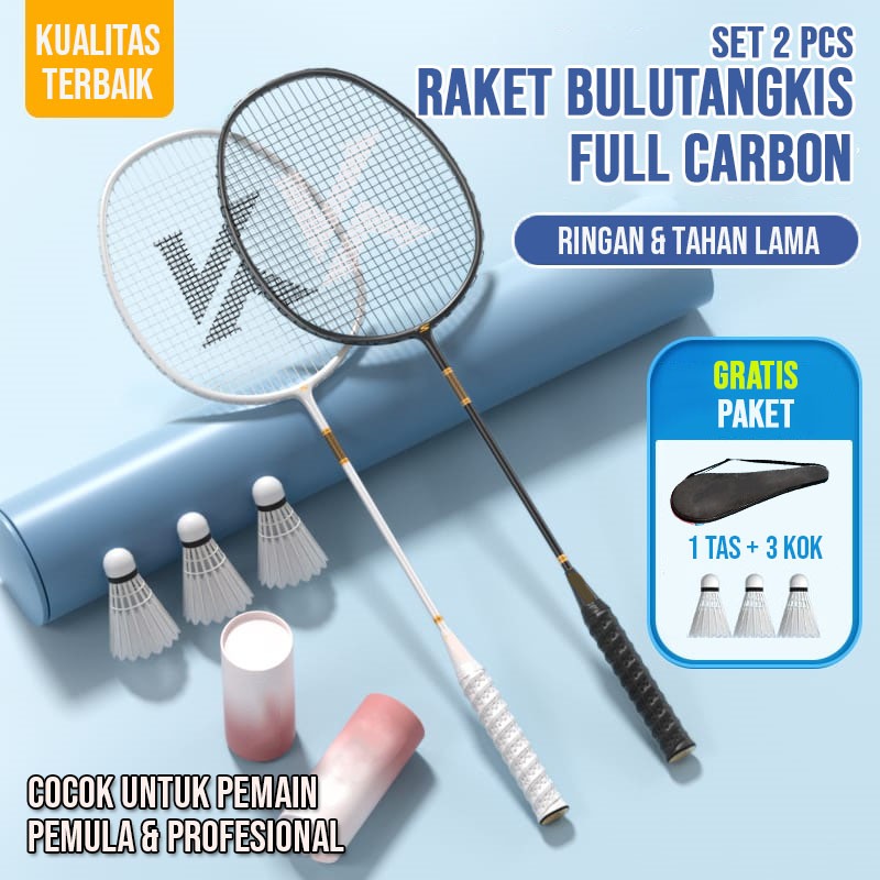 BBAK 2 PCS Raket BuluTangkis Raket Badminton Bahan Full Carbon GRATIS TAS & PAKET 3 KOK