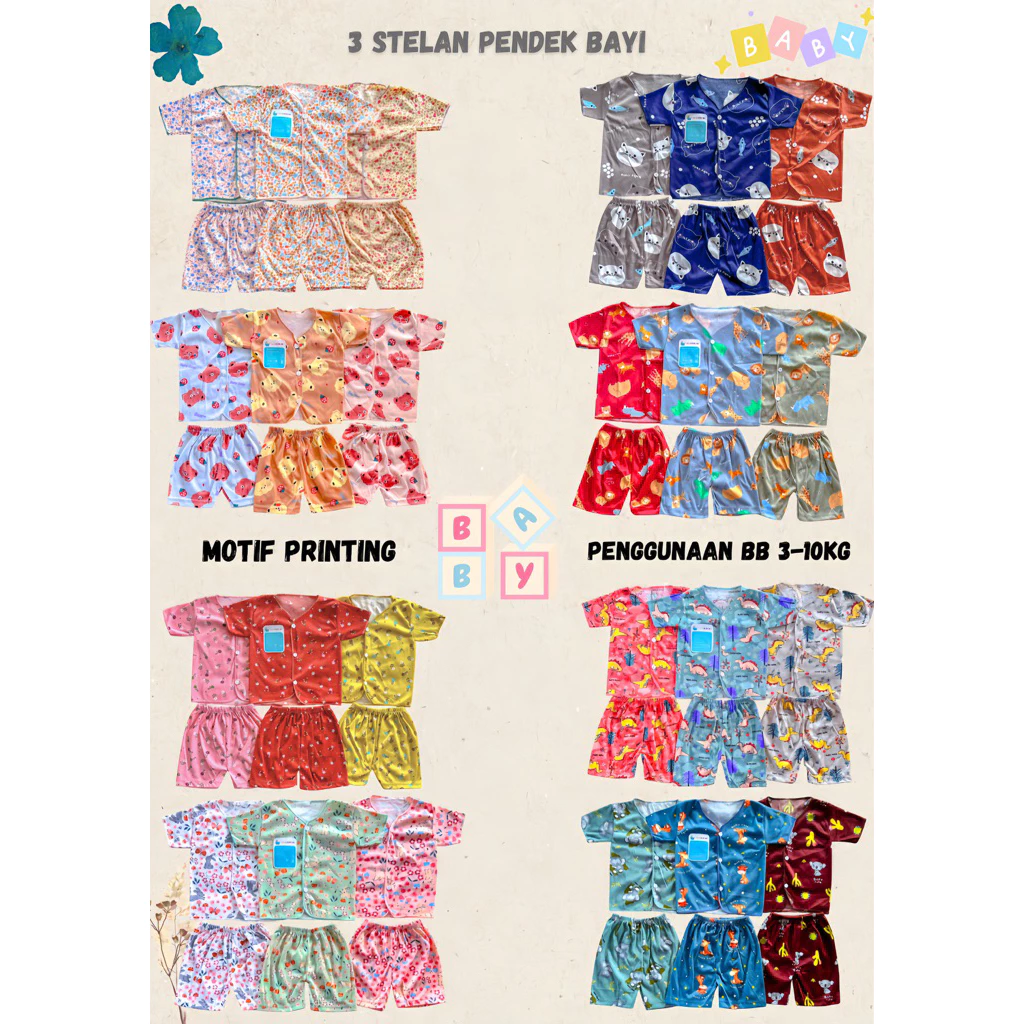NAKITA 3 Stelan PENDEK Motif Bayi Printing Baru Lahir, 3-6 dan 6-12 Bulan Baju dan Celana Bayi SNI Per 3 Stel Promo 6.6
