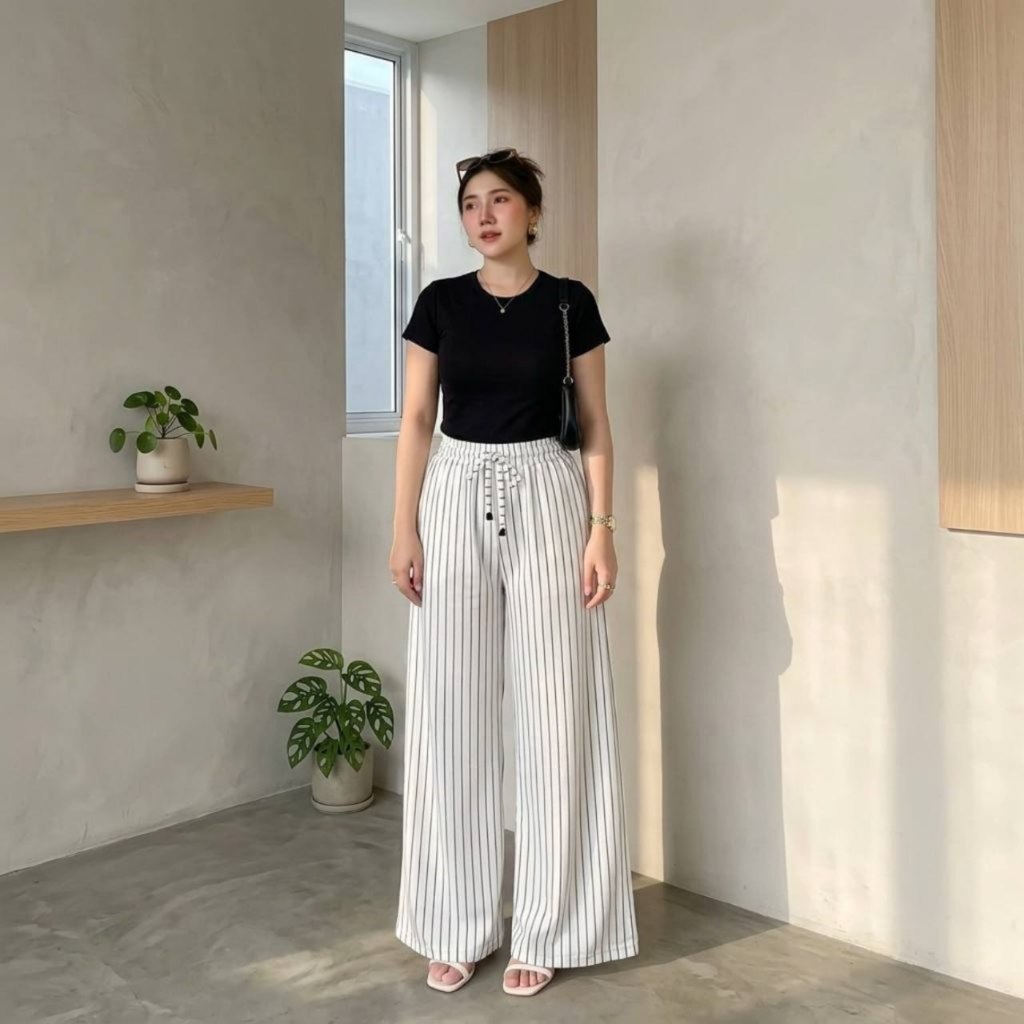 Jhoin Fashion - Everyday Pants Celana Panjang Wanita Kulot Garis Pinstripe Baggy Kantor