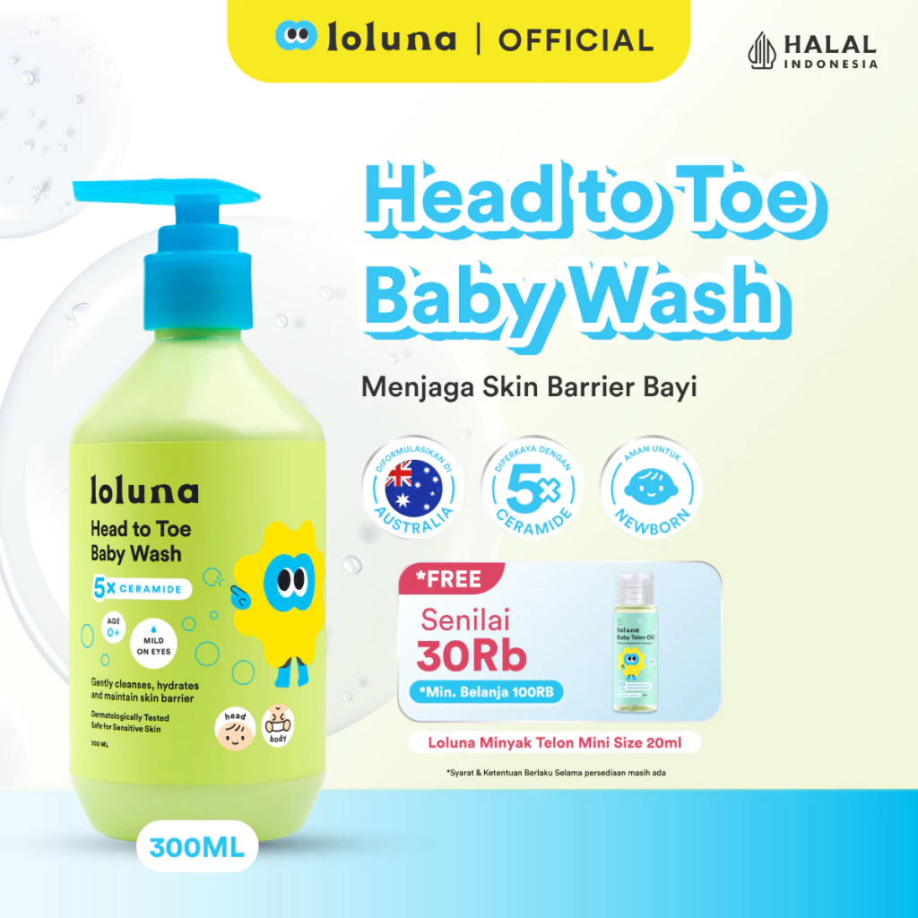 LOLUNA Head to Toe Wash 300ml - Sabun Sampo Mandi Perawatan Kulit Bayi dan Anak / Sabun untuk Newborn/ 5x Ceramide/ SLES FREE/ Tidak Pedih di Mata
