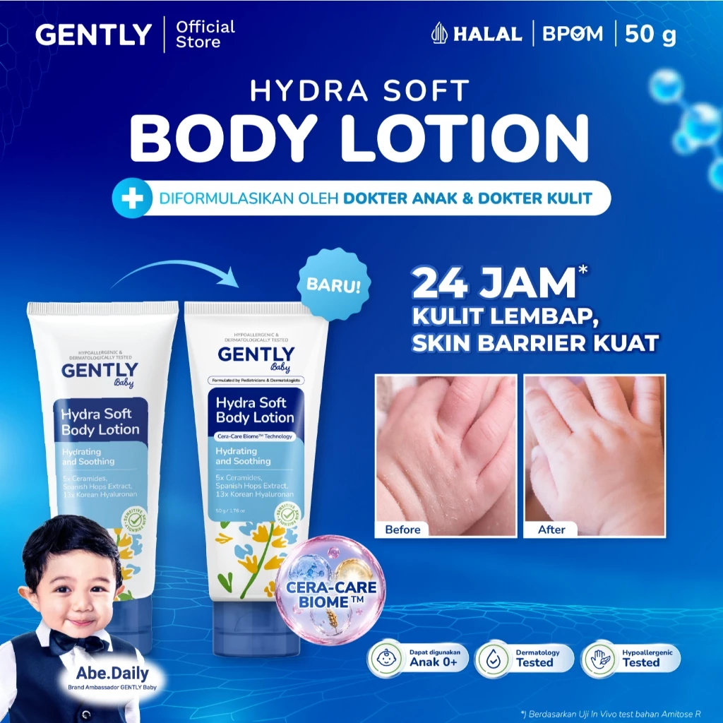 Hydra Soft Body Lotion 50gr | Body Lotion Moisturizer Bayi dan Anak | 5x Essential Ceramide + 13x Korean Hyaluronan | Lotion Anak Untuk Kulit Kering dan Sensitif