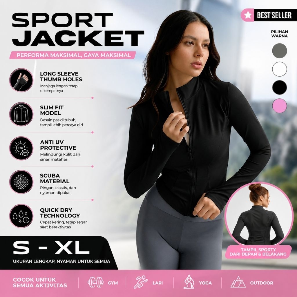 MnG Jaket Olahraga Wanita Lengan Panjang Body fit Anti UV Quick Dry untuk