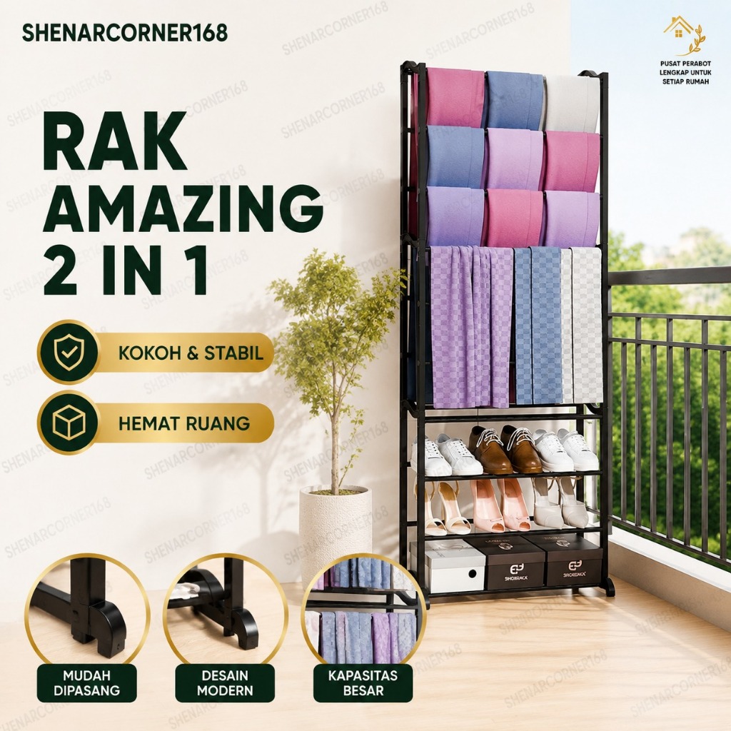 SHENAR AMAZING SHOE RACK / RAK JILBAB SEPATU 10 TINGKAT 2 IN 1/ GANTUNGAN KERUDUNG HIJAB