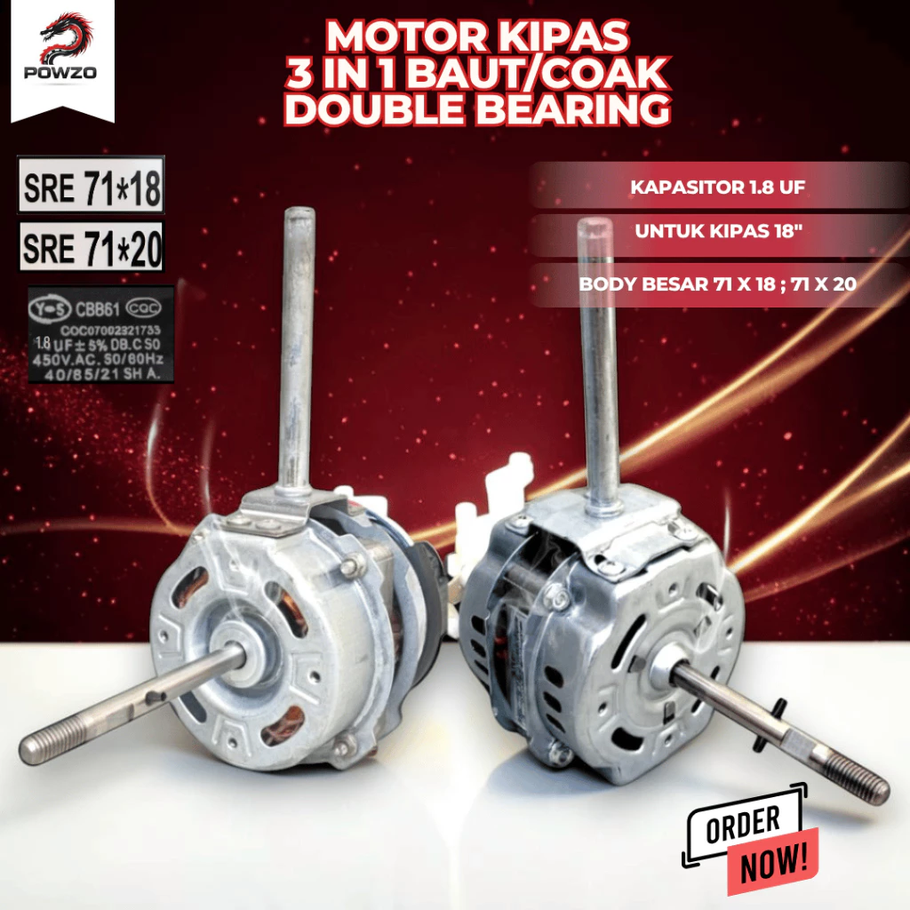 POWZO Dinamo Kipas 3in1 BAUT ULIR 18 Inch / Mesin Kipas Angin 71*20/ Motor Baling-Baling Besi 18 Inch Double Bearing