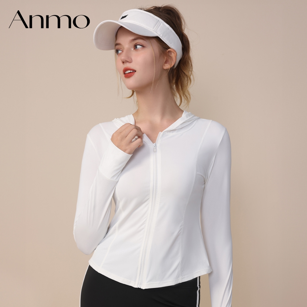 ANMO-Sweatshirt olahraga lengan panjang berkerudung pelindung UV untuk wanita, cocok