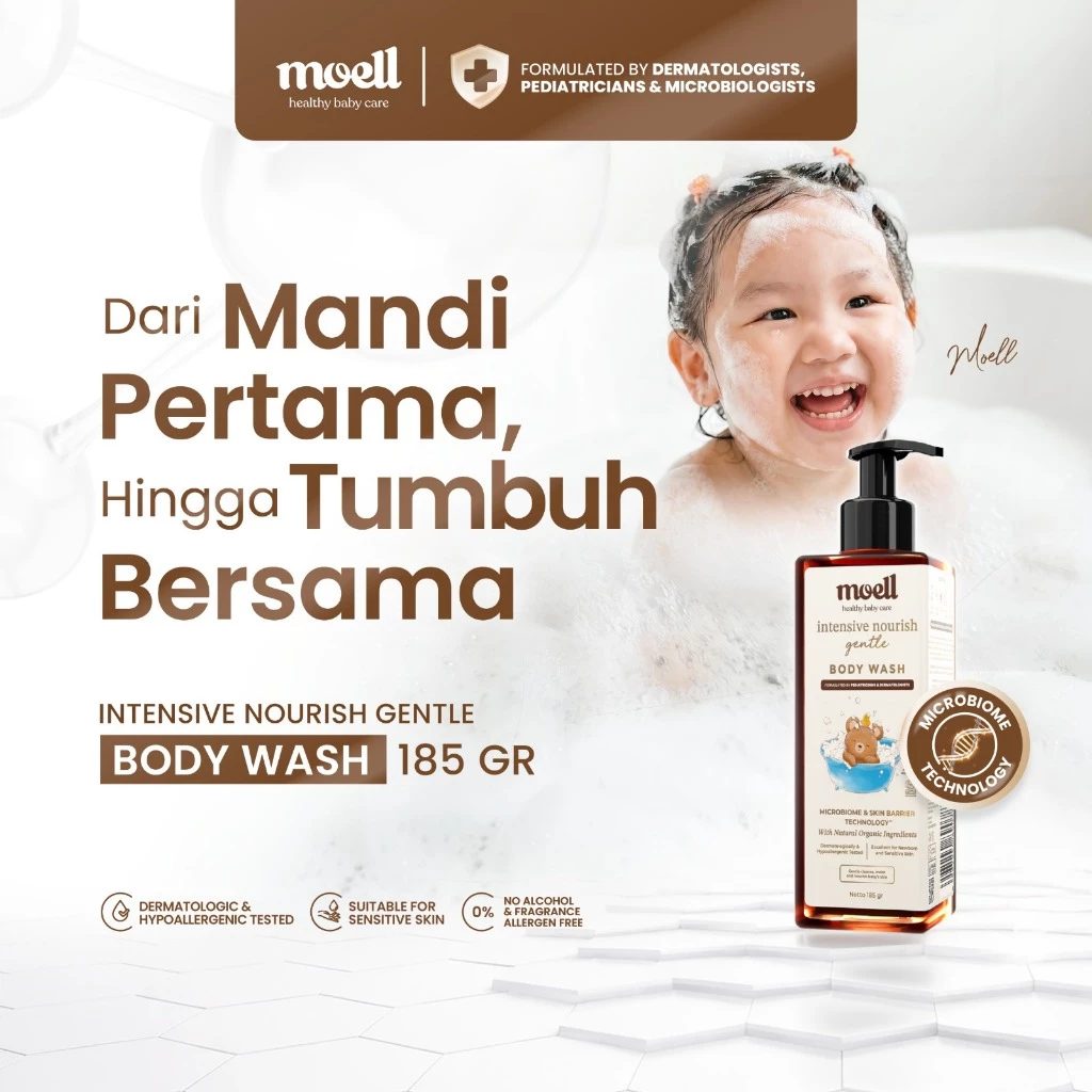 Moell Intensive Nourish Gentle Body Wash Bayi Anak 185gr Kulit Kering dan Sensitif - Sabun Mandi Tanpa SLS & Alkohol - Melembapkan dan Meredakan Eksim/Iritasi - Skincare Bayi - Skincare Anak