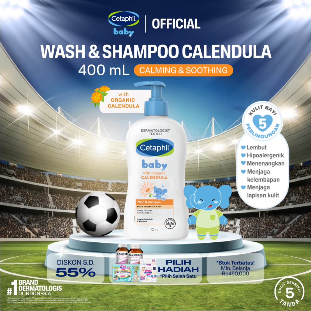 Cetaphil Baby with Organic Calendula Wash & Shampoo 400ml dengan Glycerin, Aloevera dan Calendula Sabun Mandi dan Shampo untuk Perawatan Kulit Bayi Cocok Untuk Kulit Sensitif