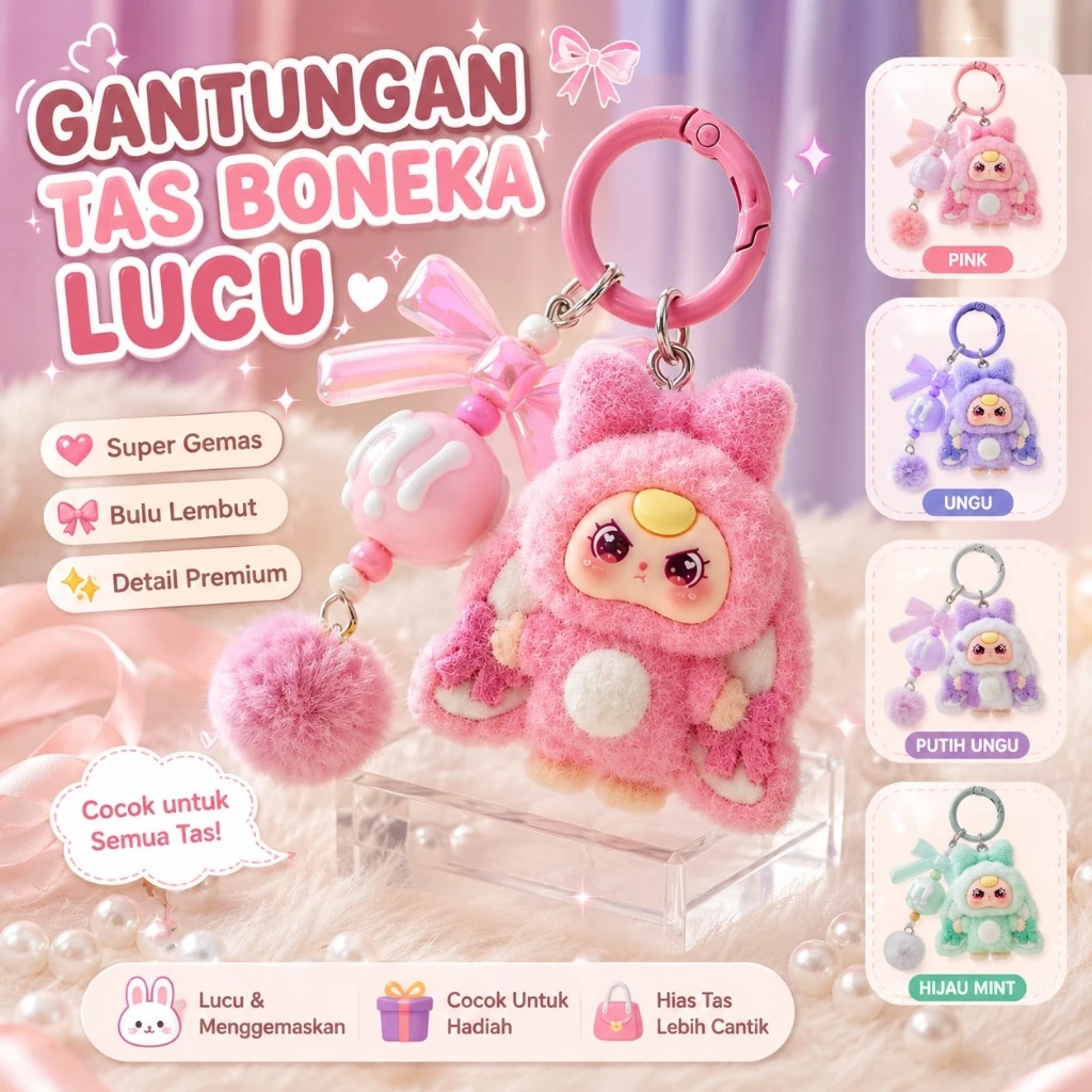 Bag Charm Gantungan Kunci Boneka Labubu Lucu Keychain Plush Aesthetic Kartun untuk Tas & Mobil Hadiah Ulang Tahun
