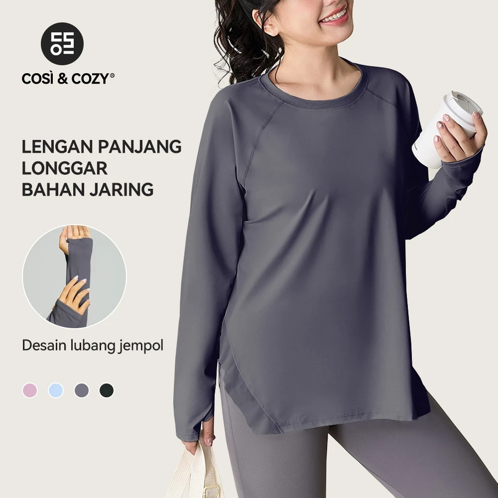 COSI COZY Lengan Panjang Longgar Bahan Jaring - Kaos Olahraga Wanita Nyaman