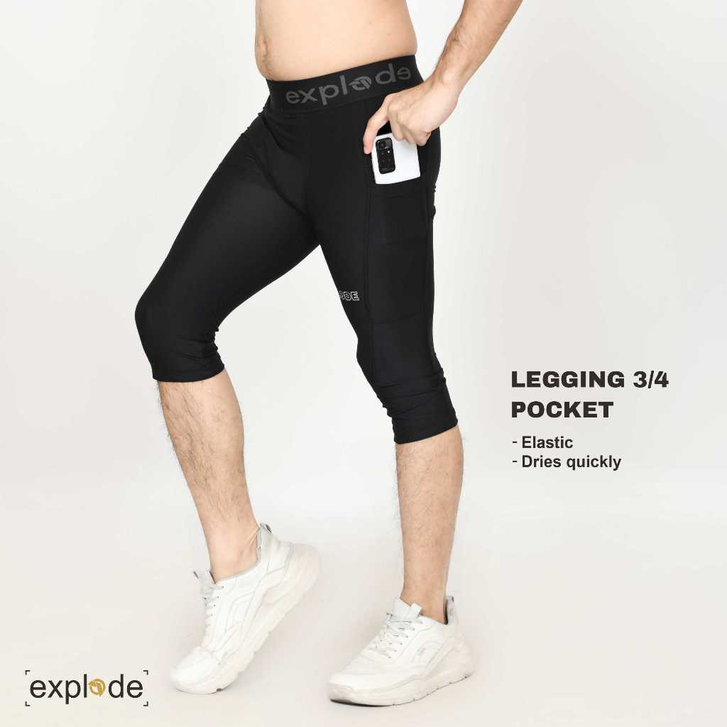 EXPLODE - Legging 3/4 Saku Celana Olahraga Pria Ketat Legging Sport Elastis