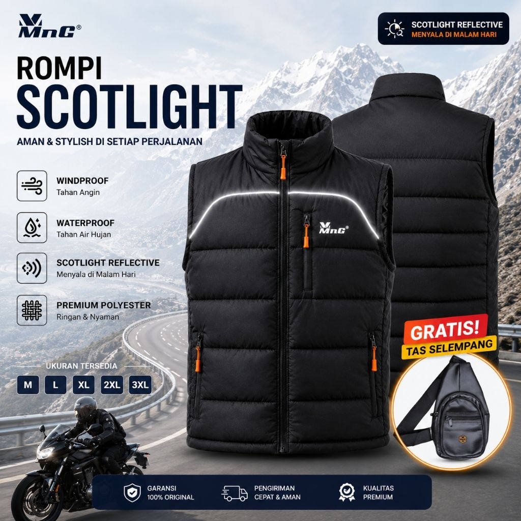 MnG Rompi Scotlight Refletive Pria Wanita Waterproof Windproof Windproof Warna Hitam
