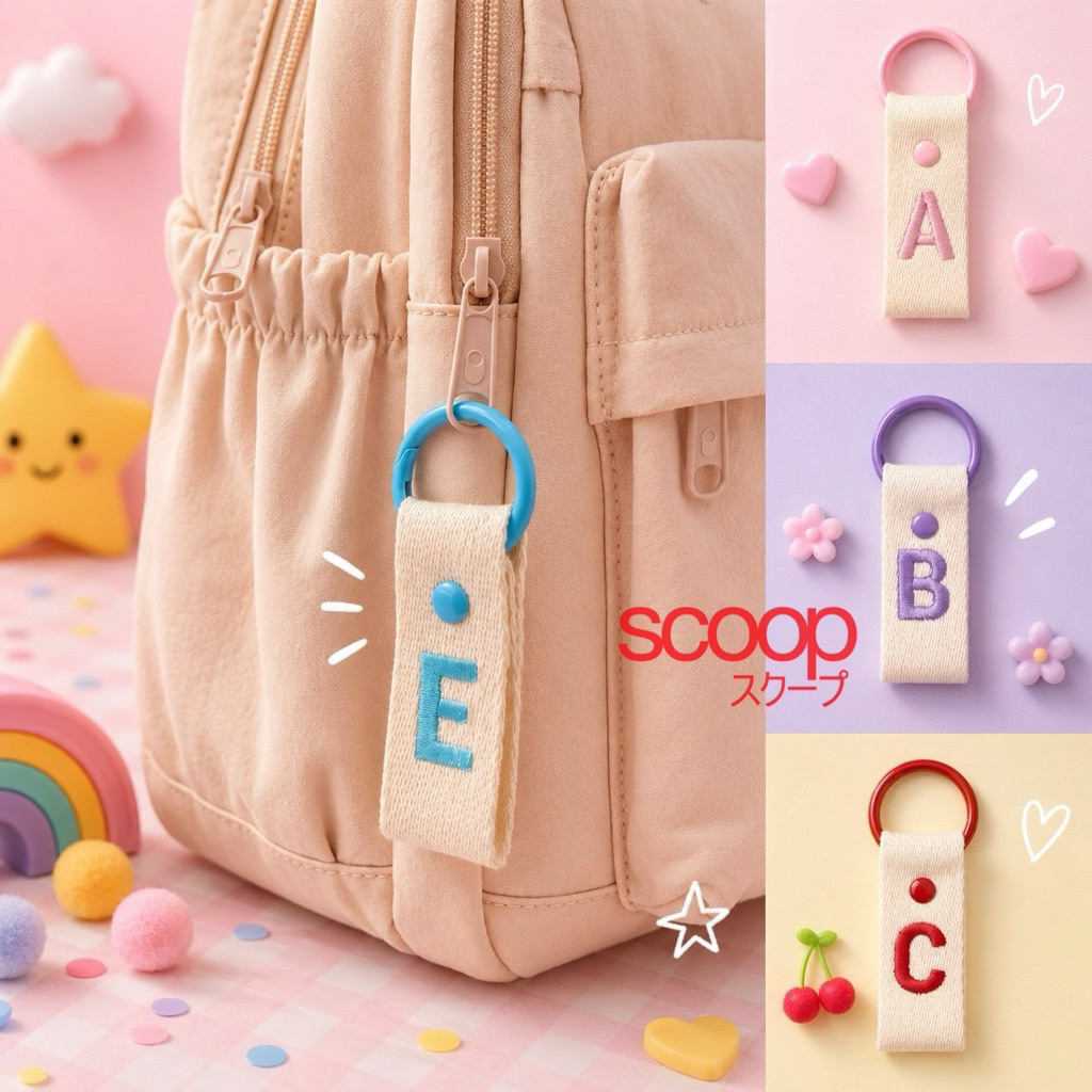 Scoop Gantungan Tas Kunci Nama Huruf Initial Bordir Pink Merah Ungu Biru Hitam A B C D E