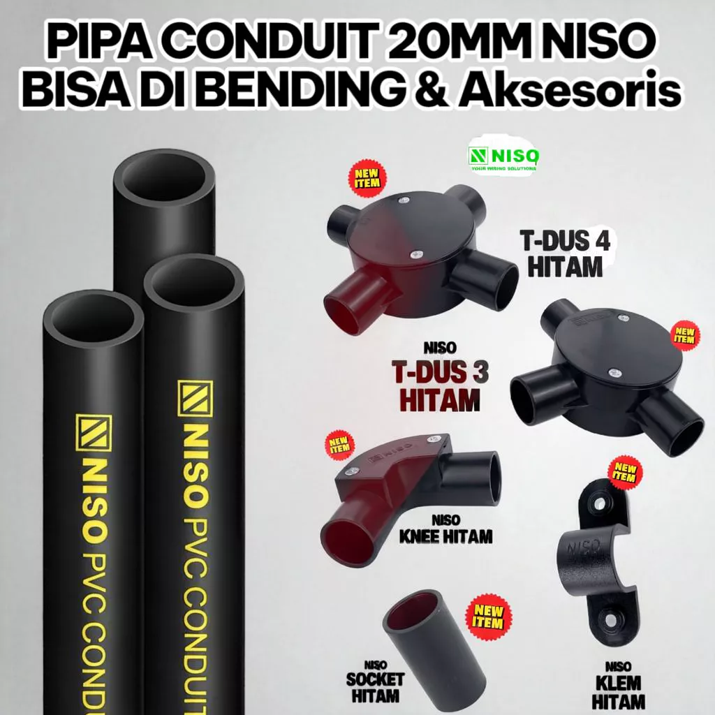 PIPA NISO CONDUIT 20mm HITAM / PUTIH dan Aksesoris