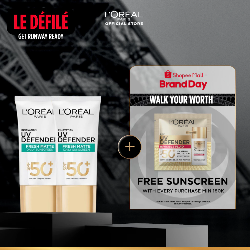 Paket Hemat Isi 2 L'Oreal Paris UV Defender Serum Protector Sunscreen Matte Fresh SPF 50+ PA++++ Skin Care 50ml