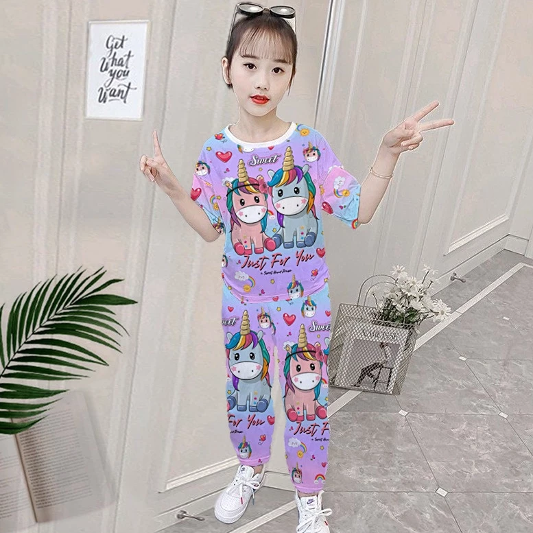 RILLO - Setelan Baju Celana Panjang Anak Perempuan Full Print