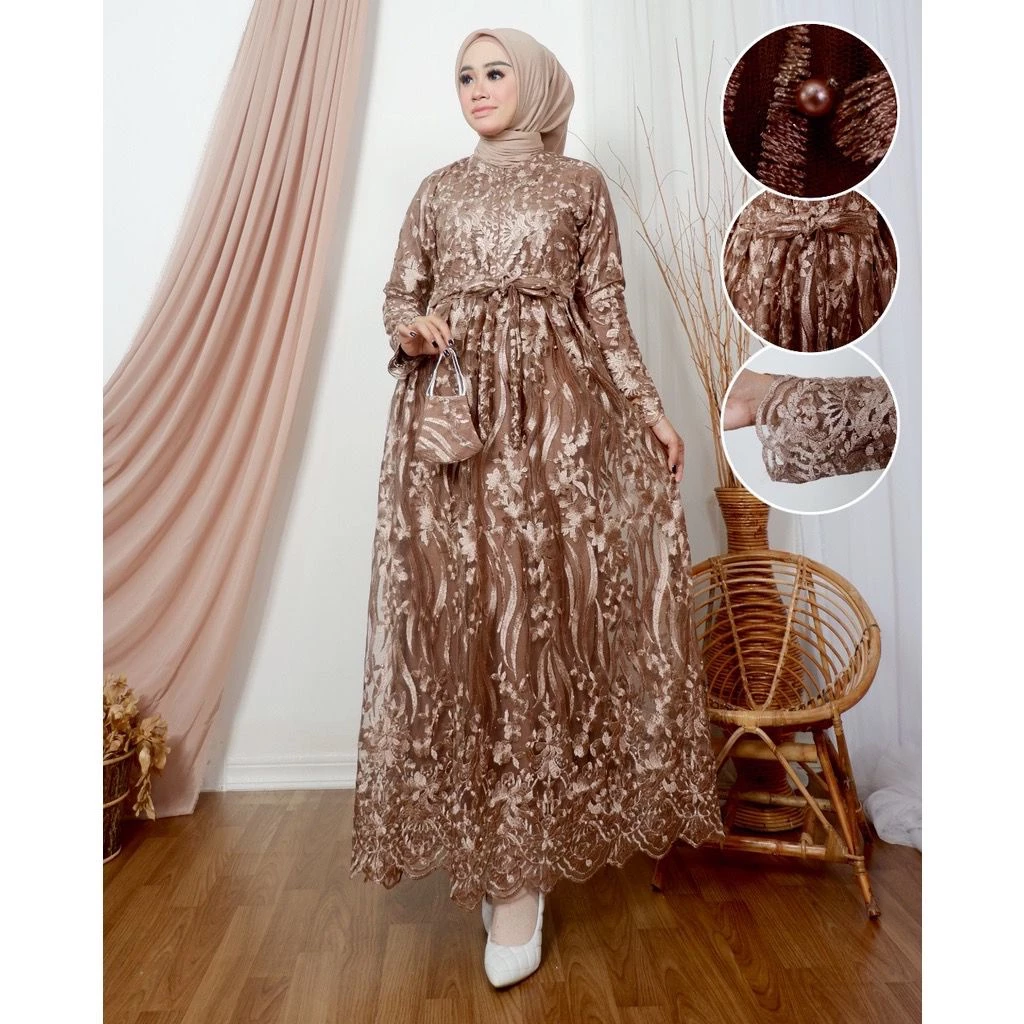 GAMIS BUSUI FULL BRUKAT AMANDA/ KOMBINASI BRUKAT TILE SIZE M-L-XL-XXL/ FREE MASKER BRUKAT/ KUALITAS