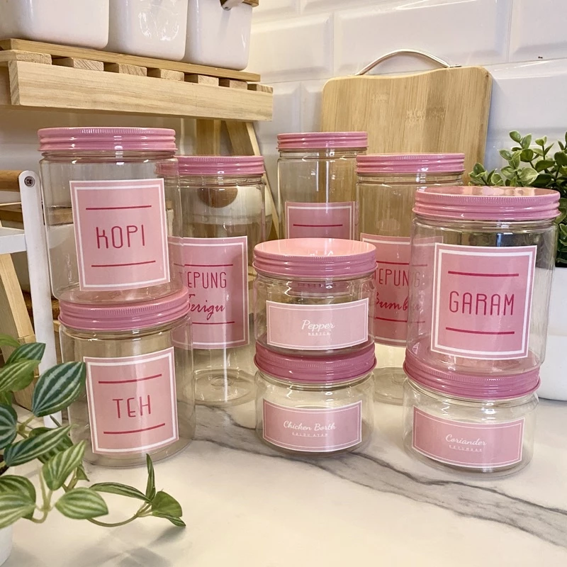 Toples Bumbu Dapur  Tutup Pink Alumunium Toples Serbaguna Free Stiker Vinyl