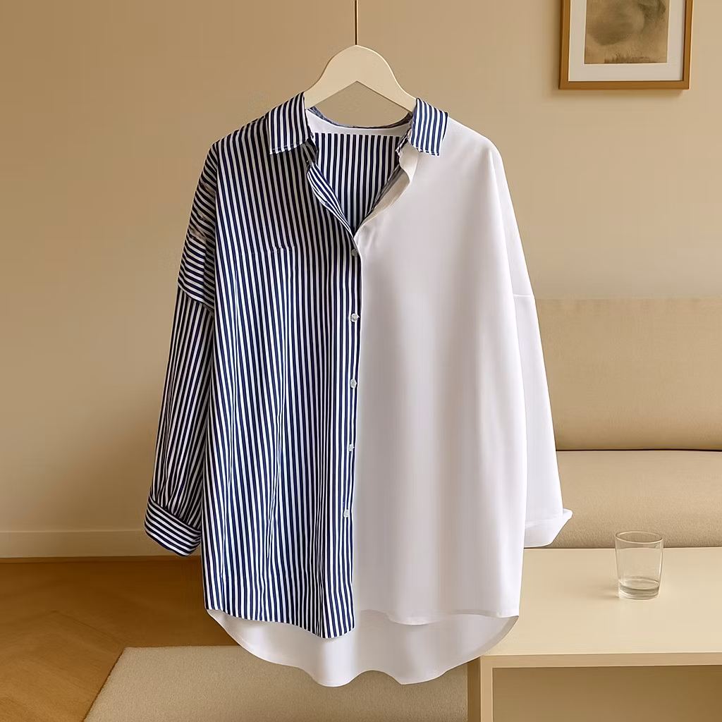 Vallina Outfit - Usagi Top Shirt Stripe Two Tone Atasan Blouse Kemeja Wanita Remaja Korean Style Pre