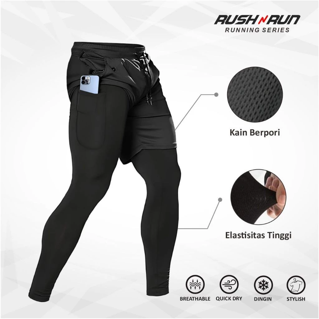 Rush n Run Celana Pendek Olahraga Pria 2 In 1 Clana Training Gym Lari Running Compression