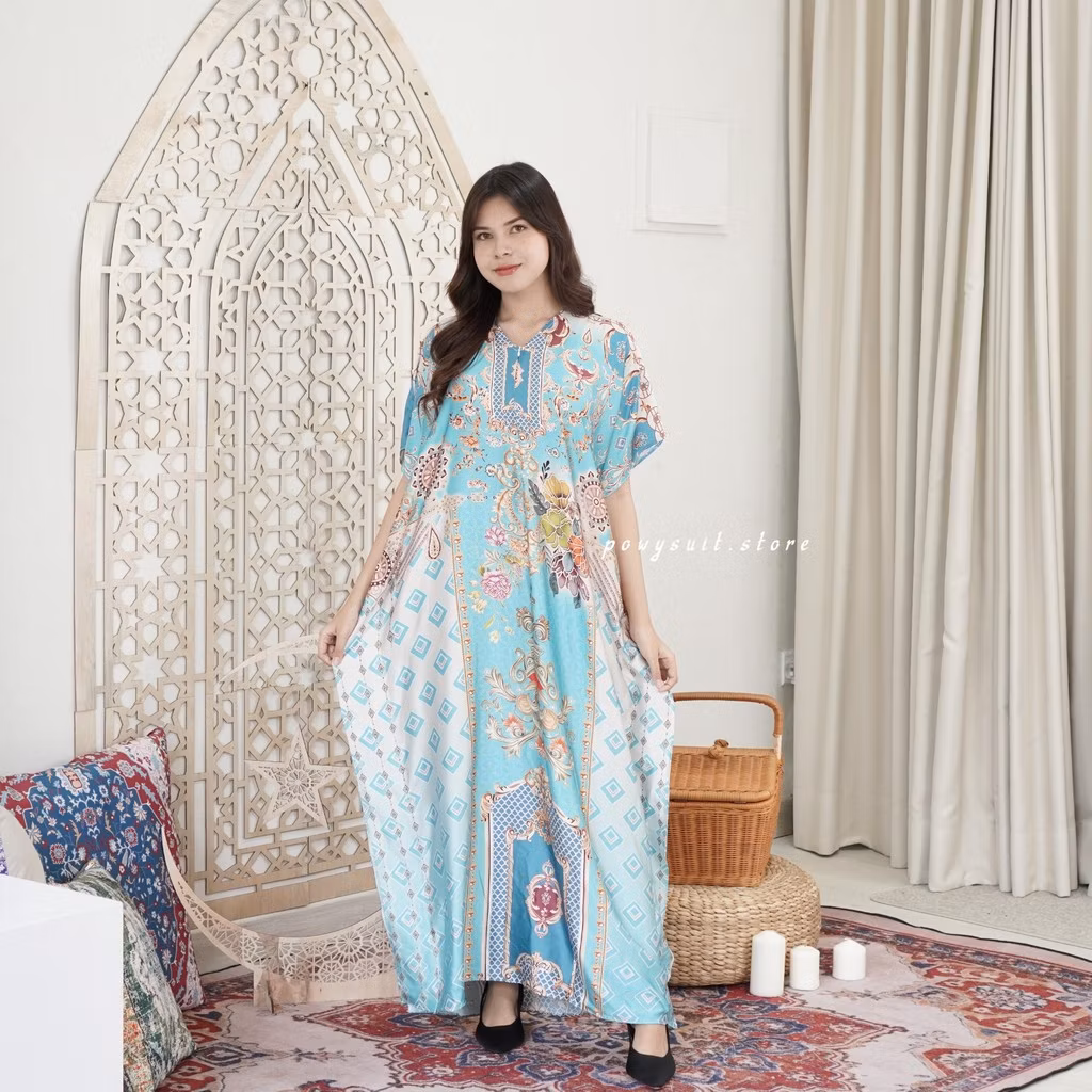 Kaftan Powysuit Lebaran Muslim wanita Motif Satin Silk Dress Jumbo 2025
