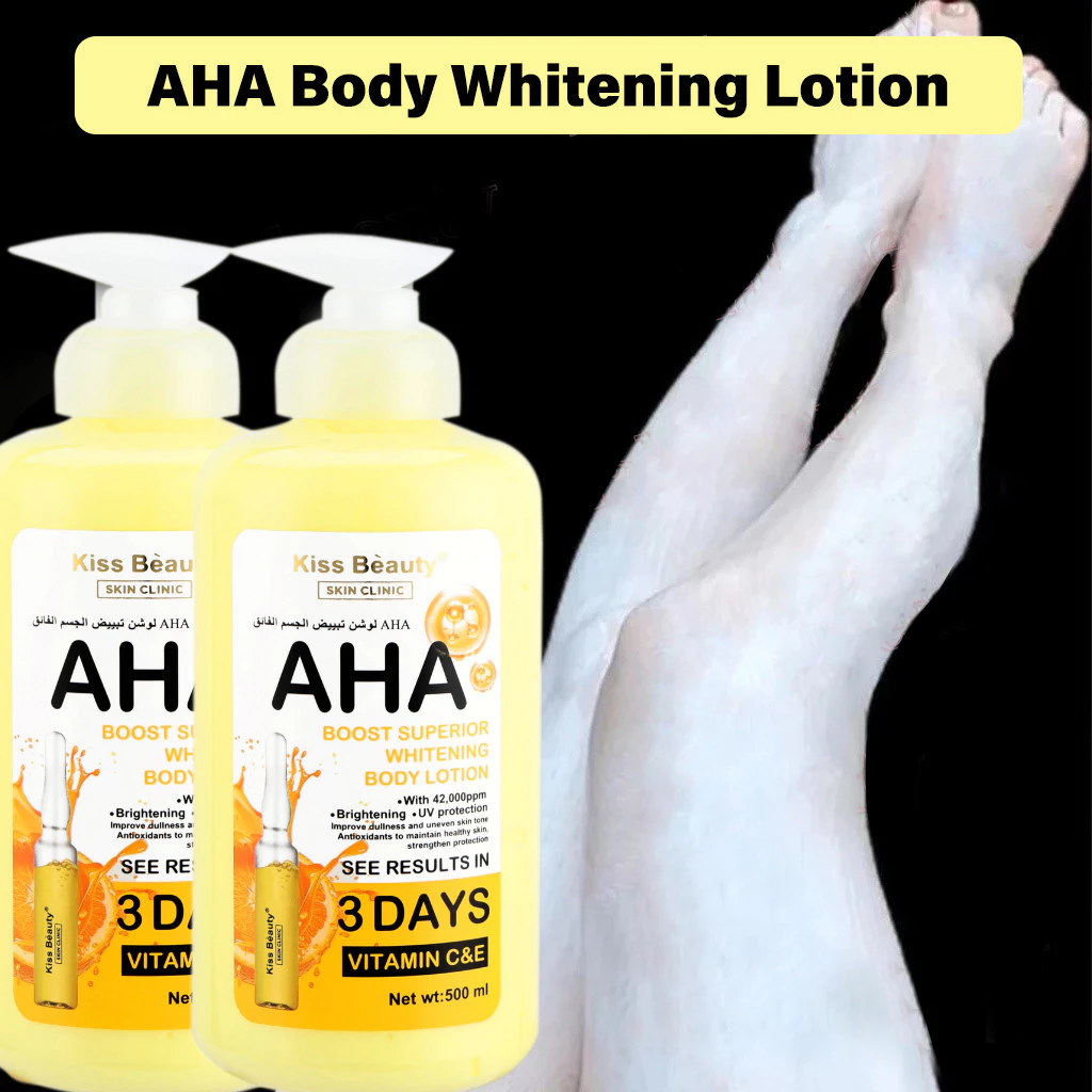 Kiss Beauty AHA Body Lotion 500ml Pemutih Badan Brightening Lotion Body Whitening Losion Tubuh Wangi Pencerah Mencerahkan Melembabkan