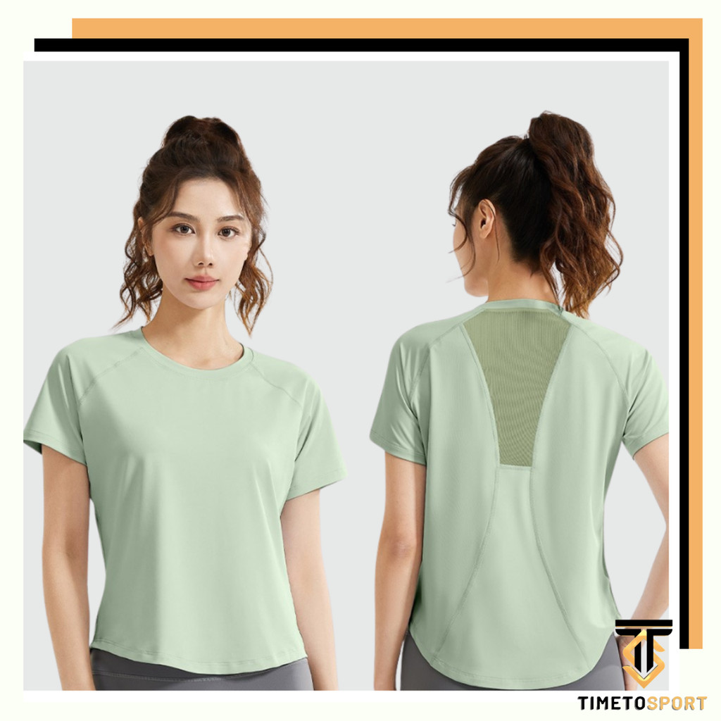TIMETOSPORT Kaos T-shirt Baju Wanita Lengan Pendek Olahraga Yoga Gym Fitness Aerobik