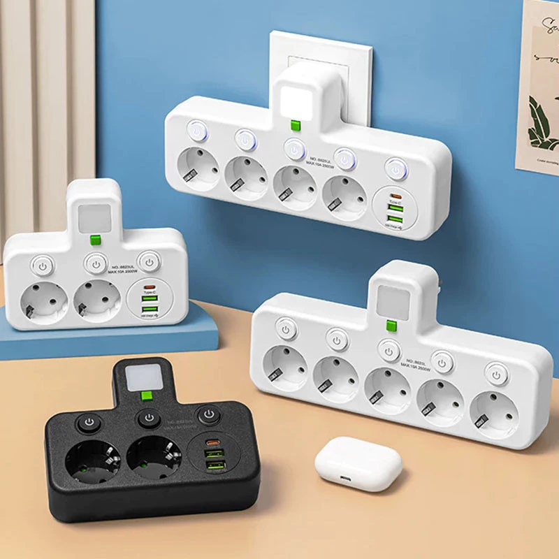 Stop kontak Multi Outlets Expander EU Plug Power Strip Home Office 2/3/4/5 Lubang Type-c