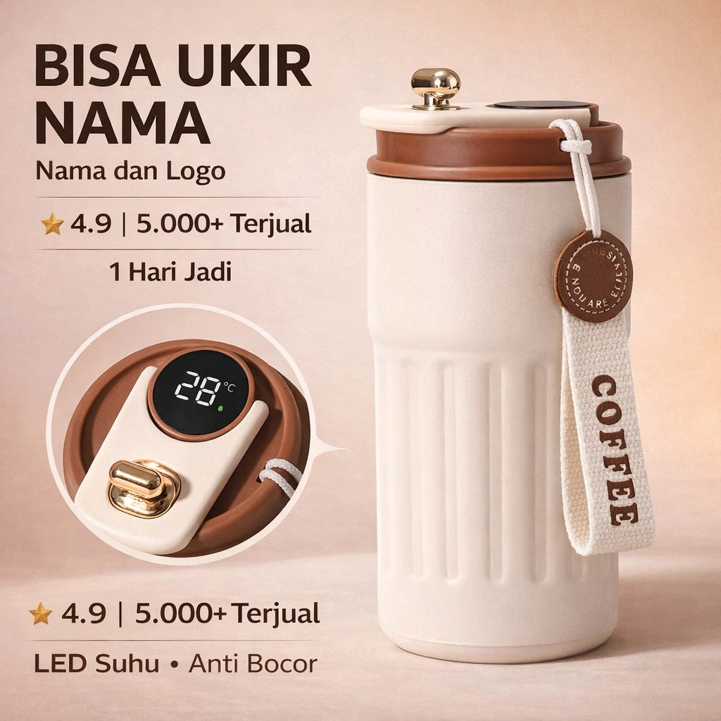 BISA UKIR NAMA – Tumbler LED Suhu 450ml Stainless 316 Anti Bocor | Cocok Kado Premium