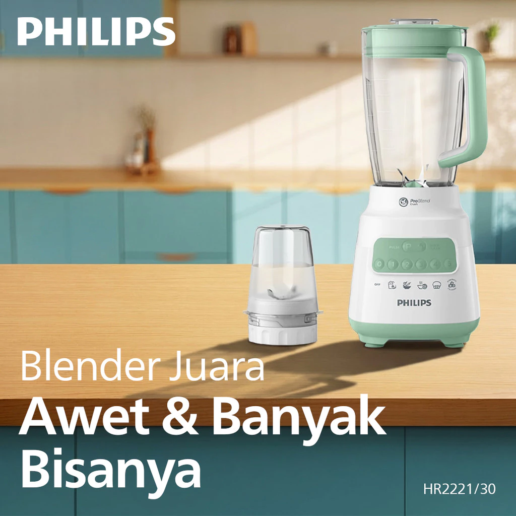 Blender Philips Plastik 2 Liter - 5000 Series HR2221/30 - Blender Jus - Blender Bumbu Philips - Dry Mill - Blender Serbaguna - Dessert Green