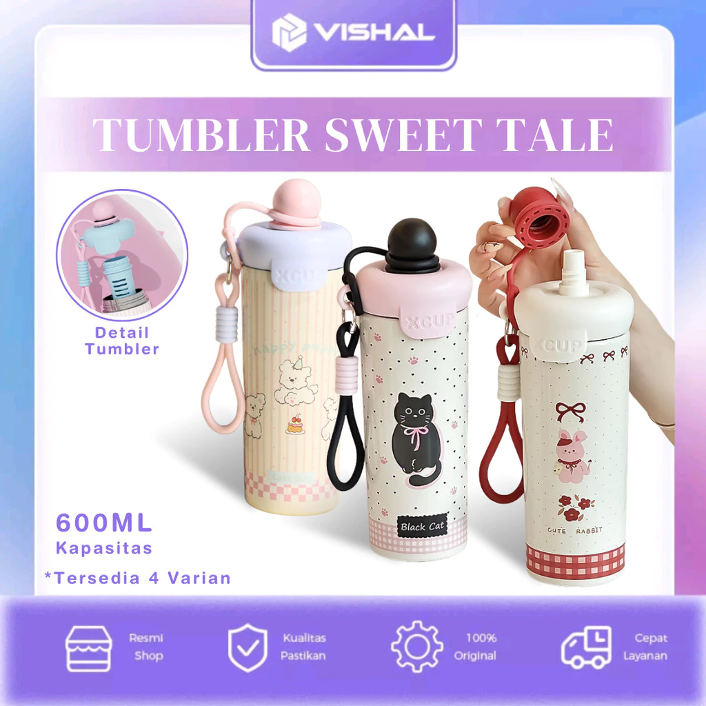 VISHAL Tumbler Karakter Stainless 600ml Sweet Tale Aesthetic Cute Free Sedotan & Gantungan Praktis untuk Sekolah, Kerja, dan Traveling