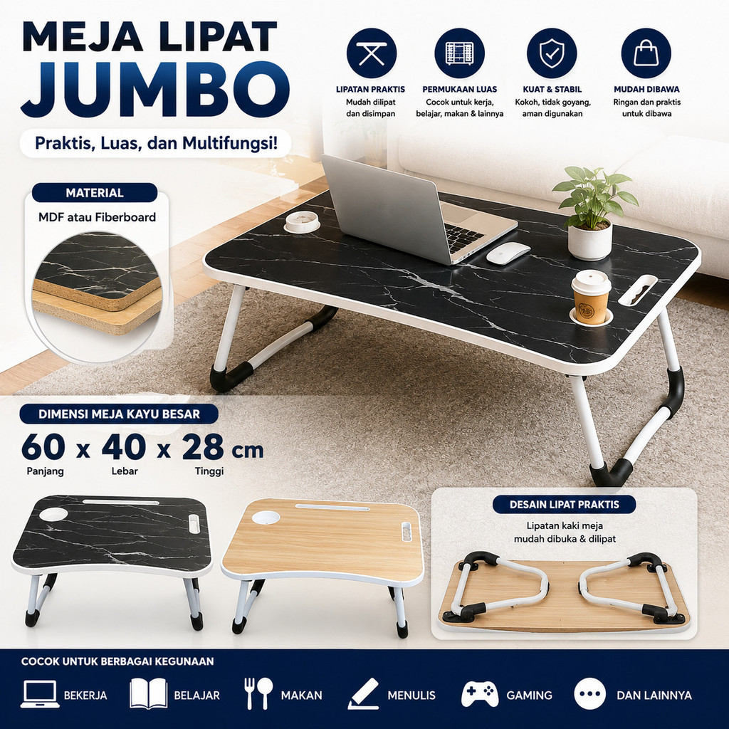 MEJA LIPAT KAYU Meja Belajar Meja Lipat JUMBO portable multi fungsi Serbaguna murah