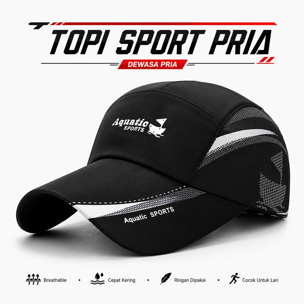 TOPI SPORT PRIA DEWASA ANTI PANAS | Topi Lari Outdoor Quick Dry Aquatic Sports Hitam Keren