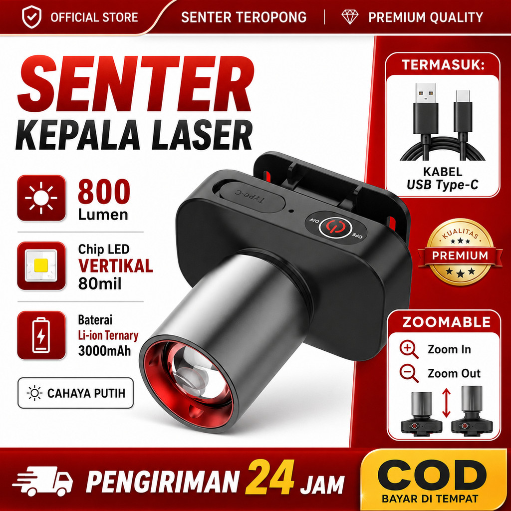Senter Kepala Zoom 60W Fokus & Penyebaran Zoom 1200 Lumen Tahan Air IPX65 Zoom Senter