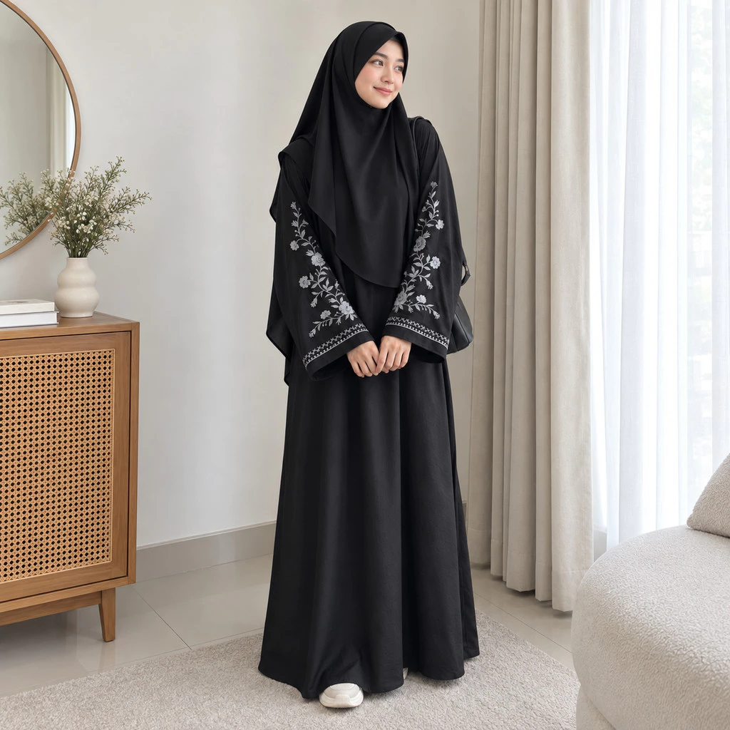 Abaya Cupro Look Premium Bordir Gamis Wanita Elegan Syari Hitam