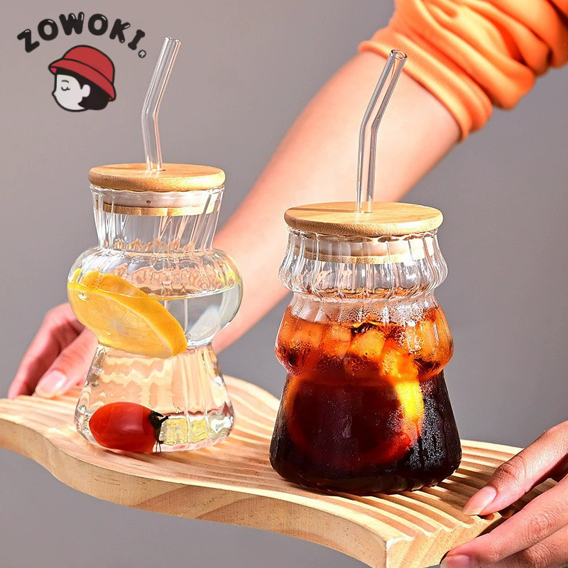 ZOWOKI Gelas Kaca Citinova Cani 1pc 420ml Dengan Sedotan dan tutup kayu Seal bukan Cana