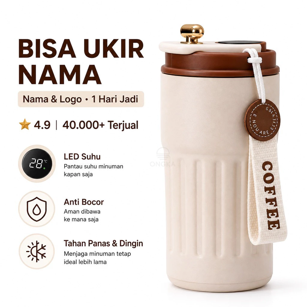 Bisa Ukir Nama Tumbler LED Suhu 450ml Stainless 316 Anti Bocor Cocok Kado Premium