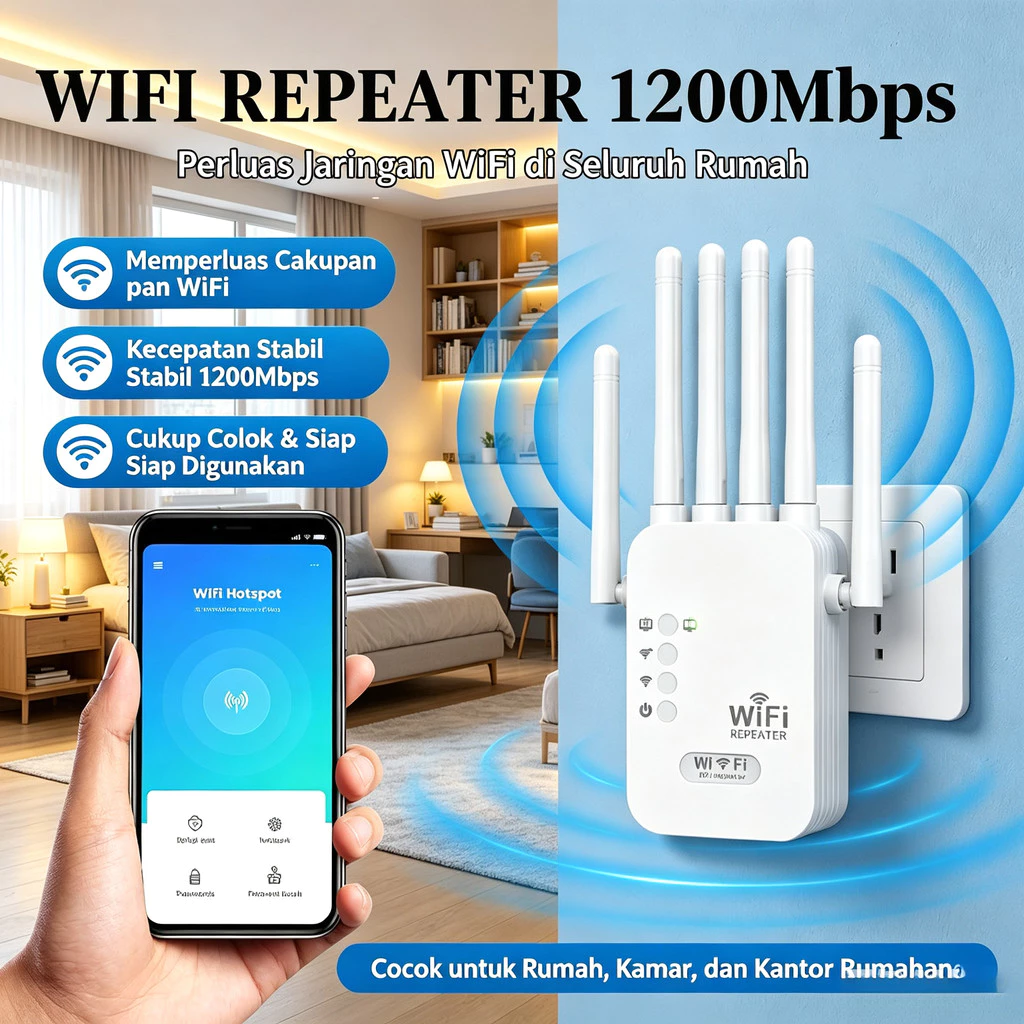 WiFi Repeater 1200 Mbps Penguat Sinyal 2.4G Access Point untuk Seluruh Rumah dan Kantor